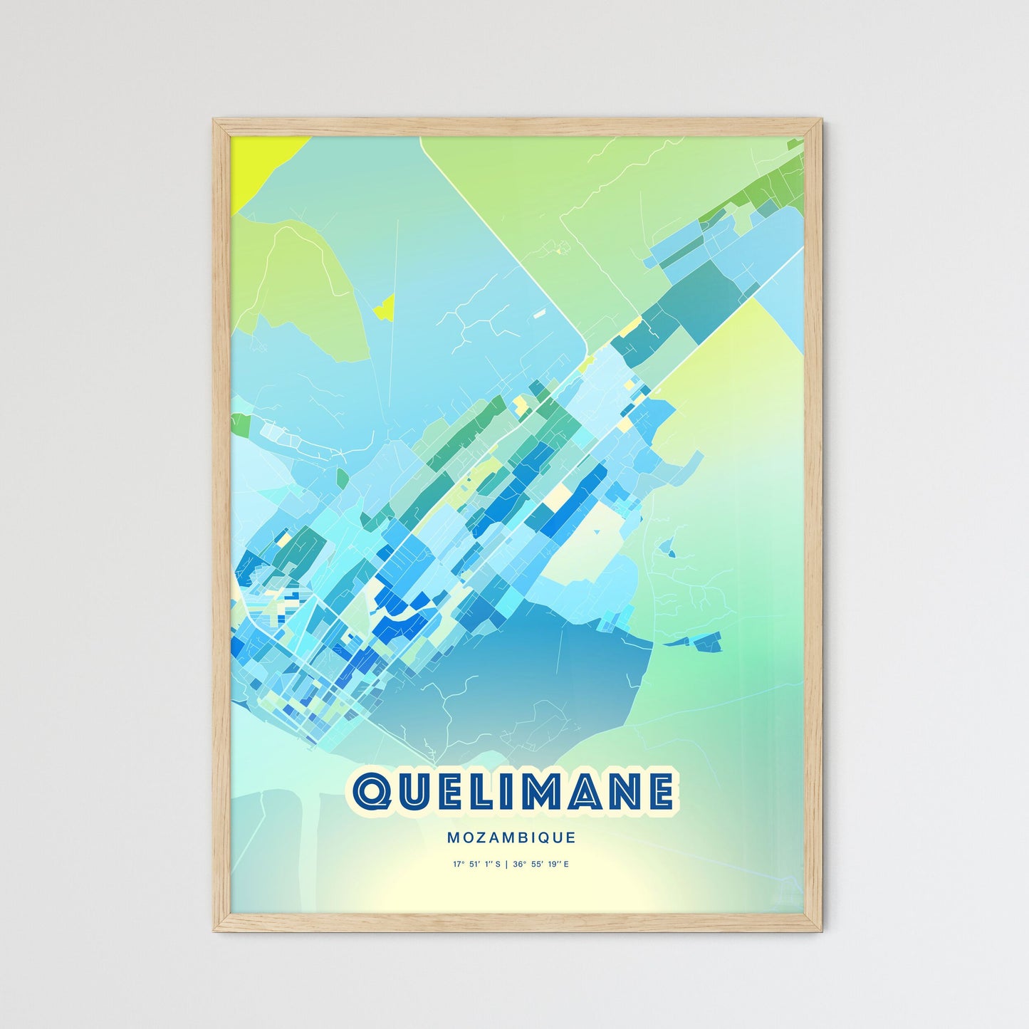 Colorful QUELIMANE MOZAMBIQUE Fine Art Map Cool Blue