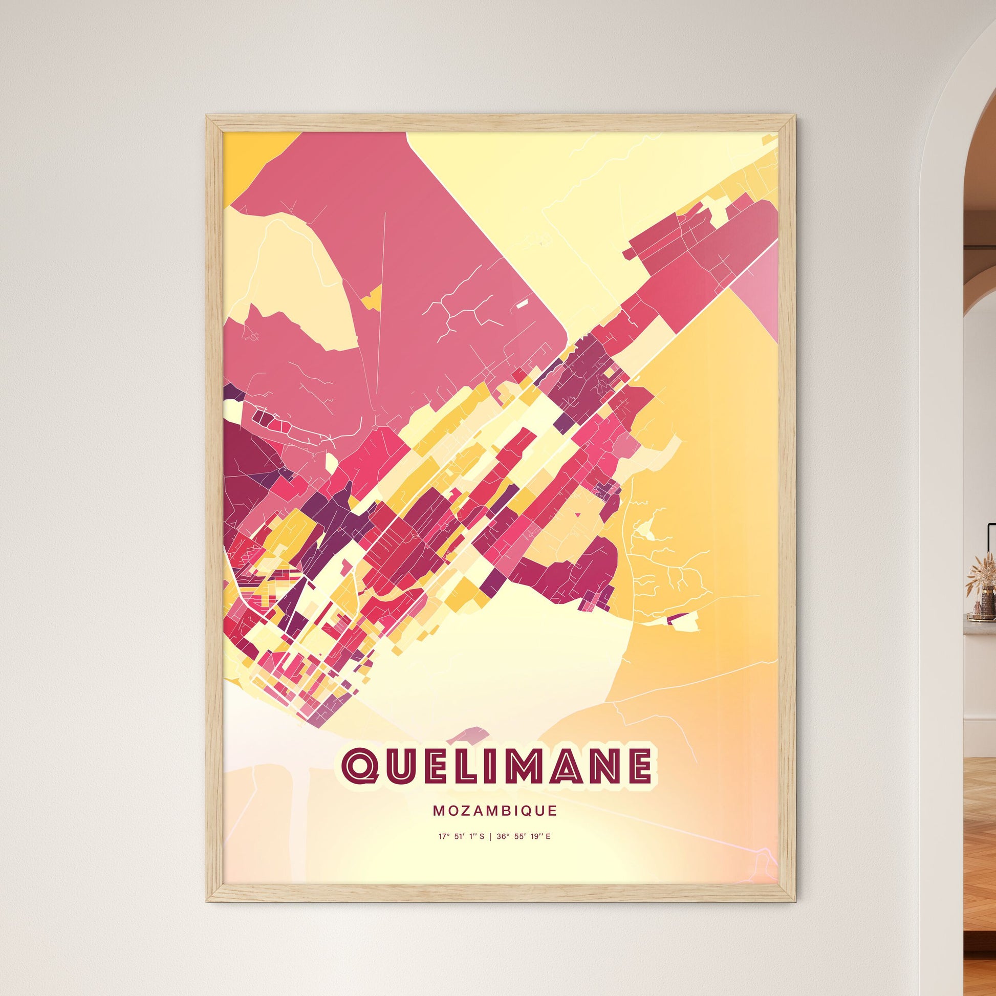 Colorful QUELIMANE MOZAMBIQUE Fine Art Map Hot Red
