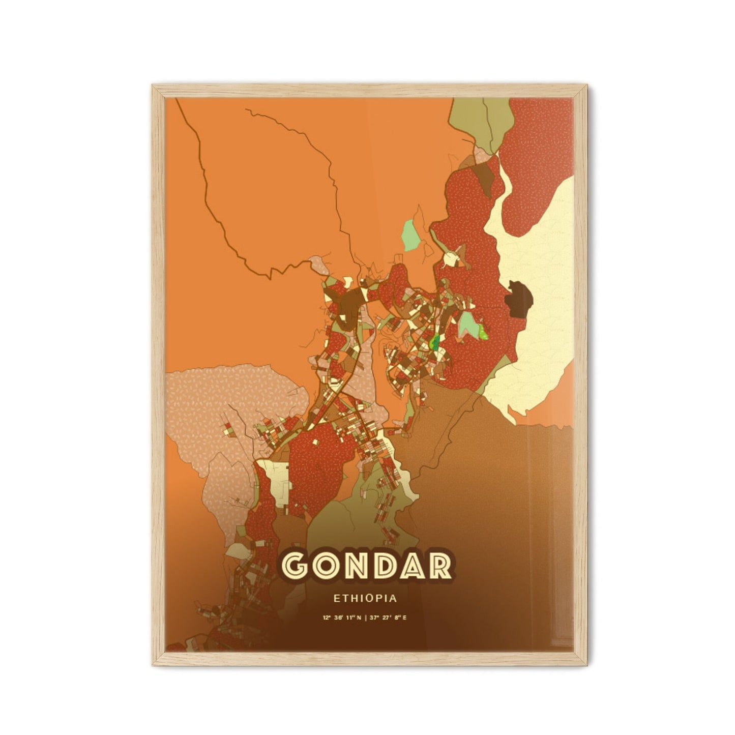 Colorful GONDAR ETHIOPIA Fine Art Map Farmhouse