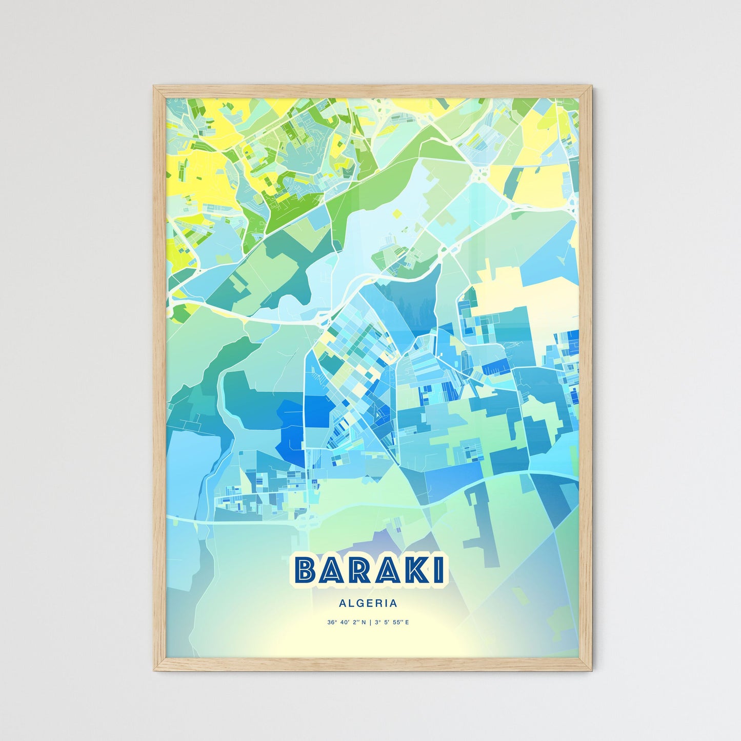 Colorful BARAKI ALGERIA Fine Art Map Cool Blue