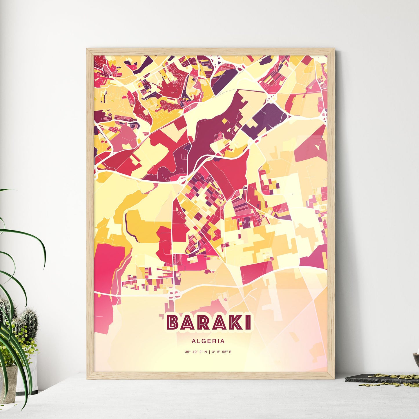 Colorful BARAKI ALGERIA Fine Art Map Hot Red