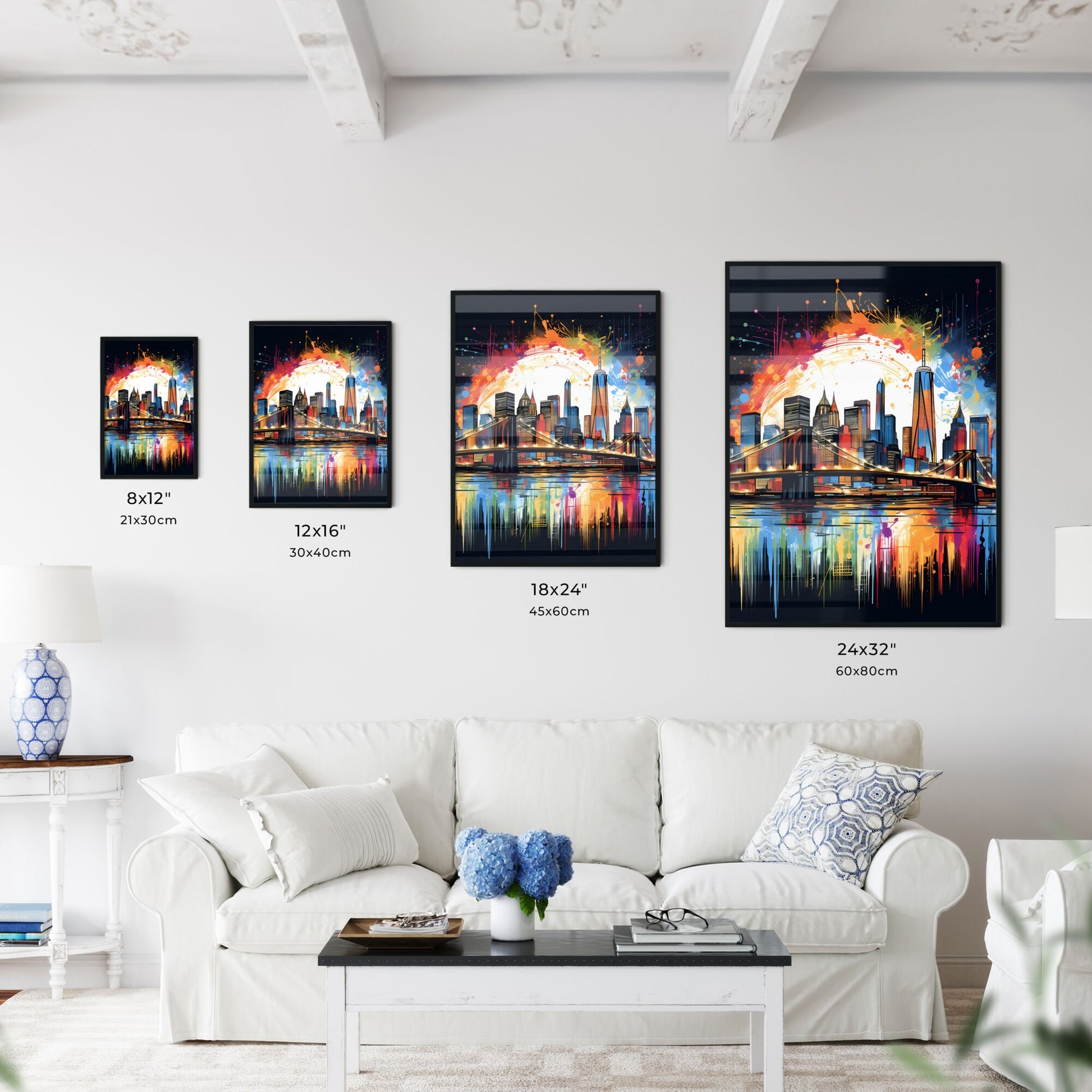 Colorful Painting Of A City With A Bridge And A Sun Art Print Default Title