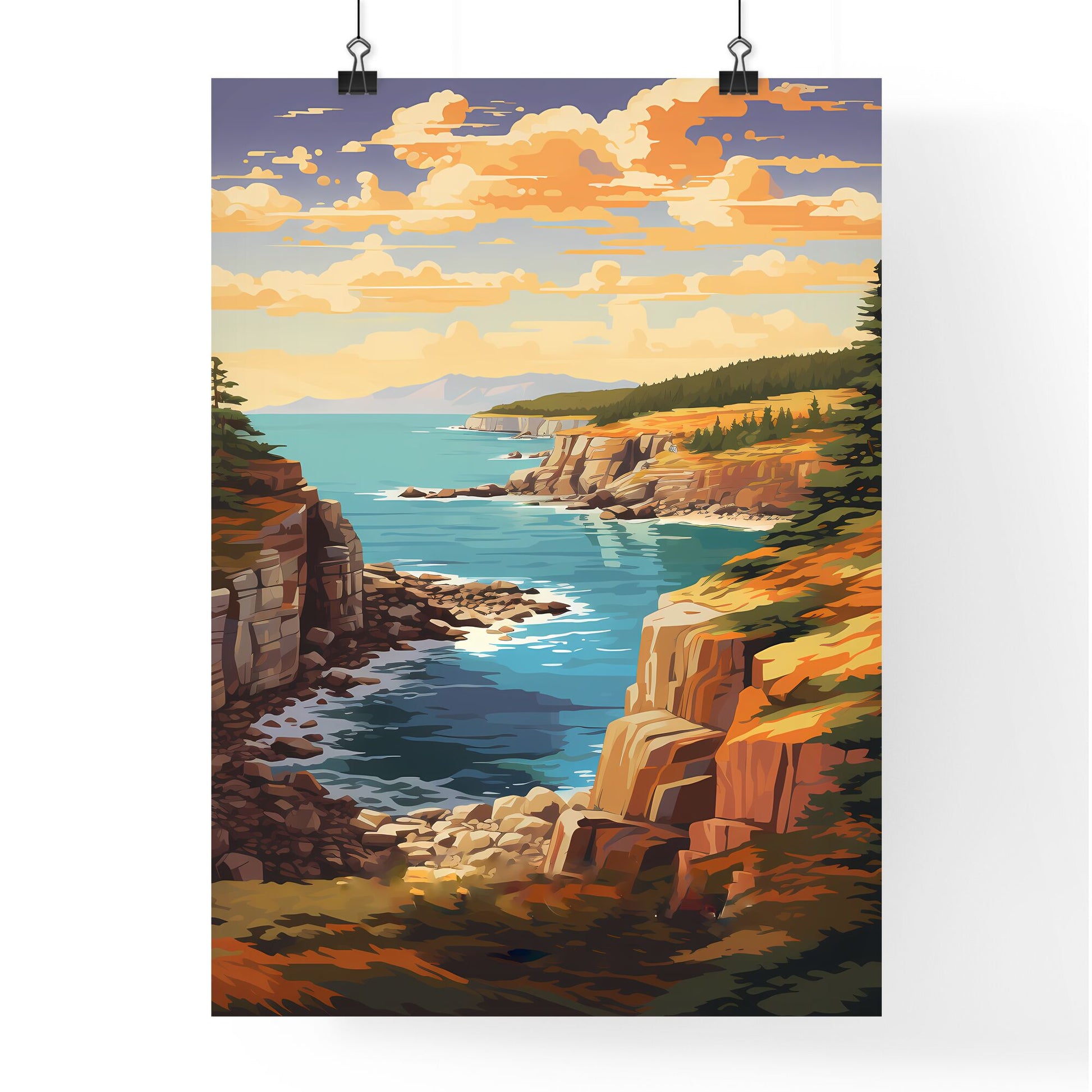 Landscape Of A Rocky Shore With Trees And A Body Of Water Art Print Default Title