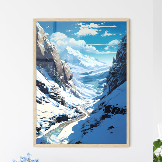 Snowy Mountain Landscape With A River And Trees Art Print Default Title