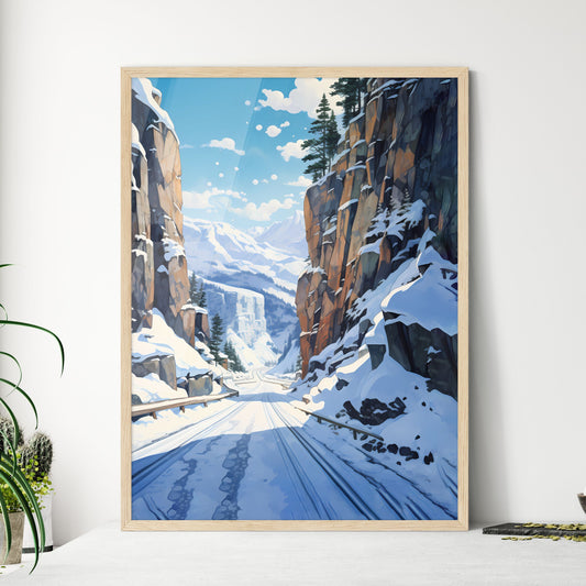 Snowy Mountain Road With Trees And Mountains In The Background Art Print Default Title