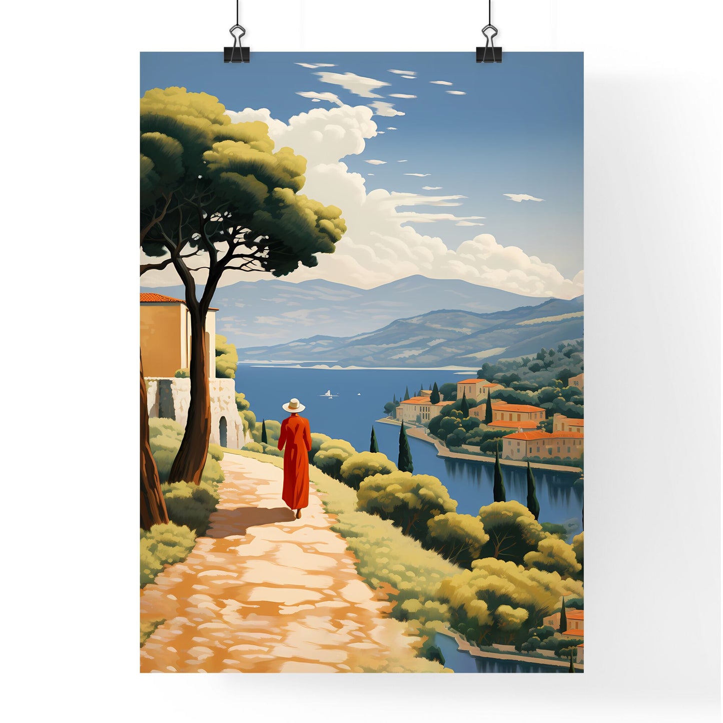 Woman Walking On A Path By A Lake Art Print Default Title
