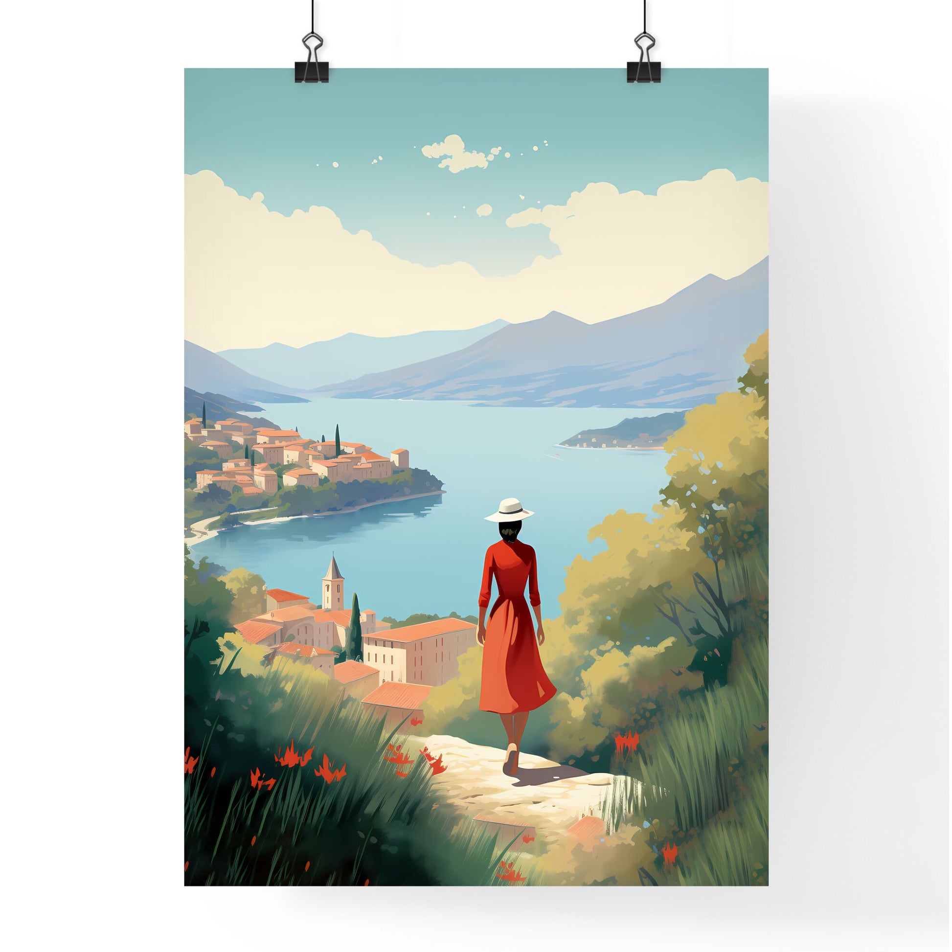 Woman In A Red Dress And Hat Looking At A River And Mountains Art Print Default Title