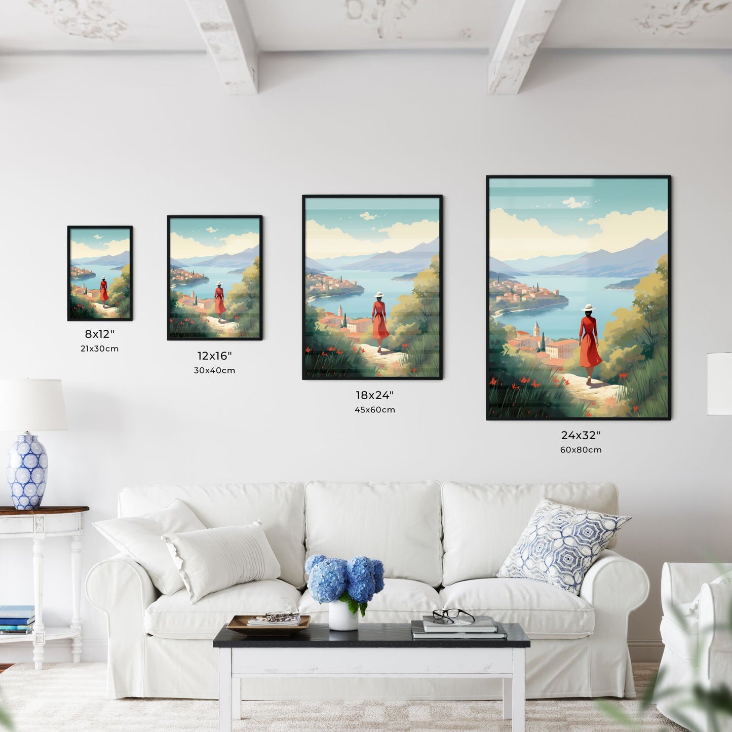 Woman In A Red Dress And Hat Looking At A River And Mountains Art Print Default Title