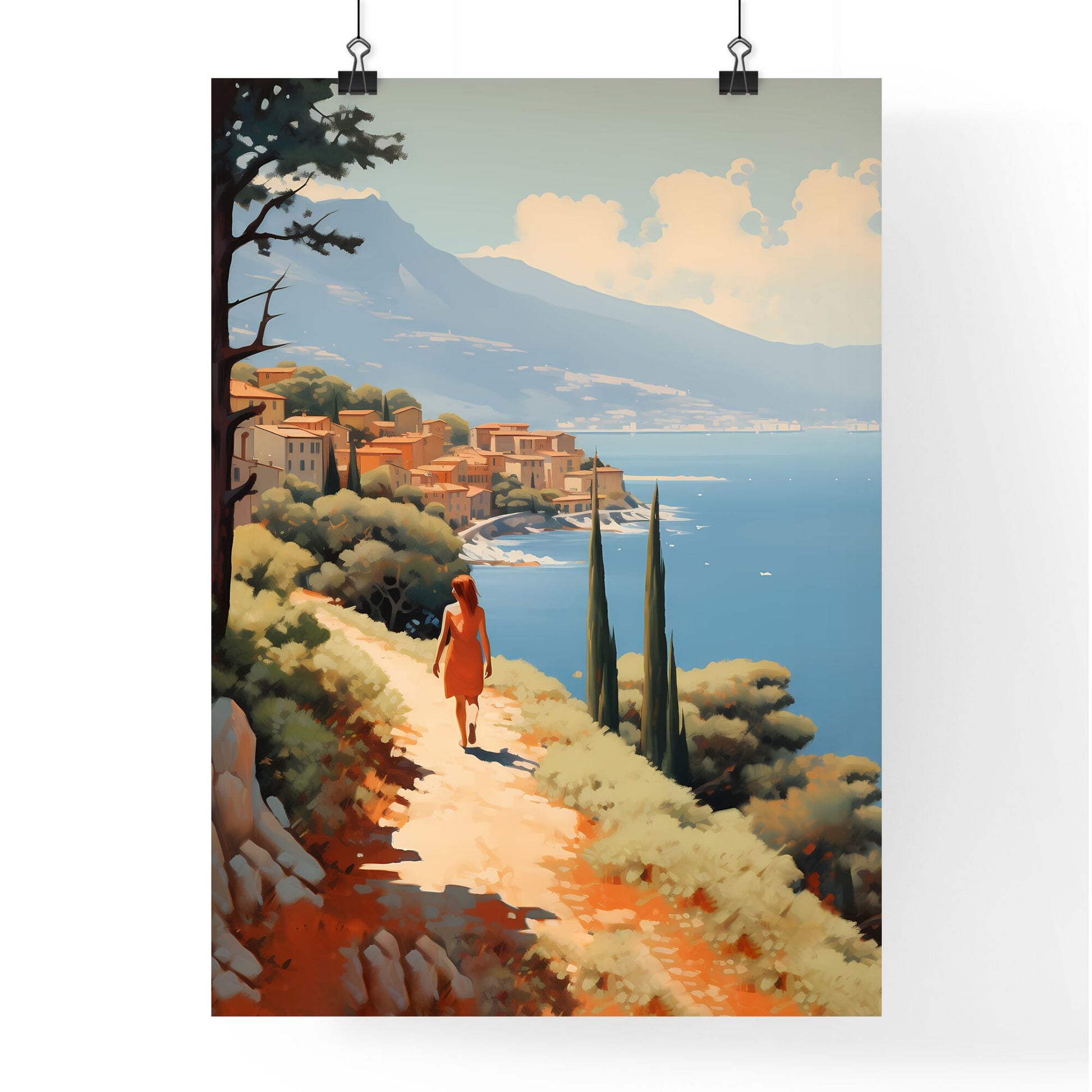 Woman Walking On A Path By A Body Of Water Art Print Default Title
