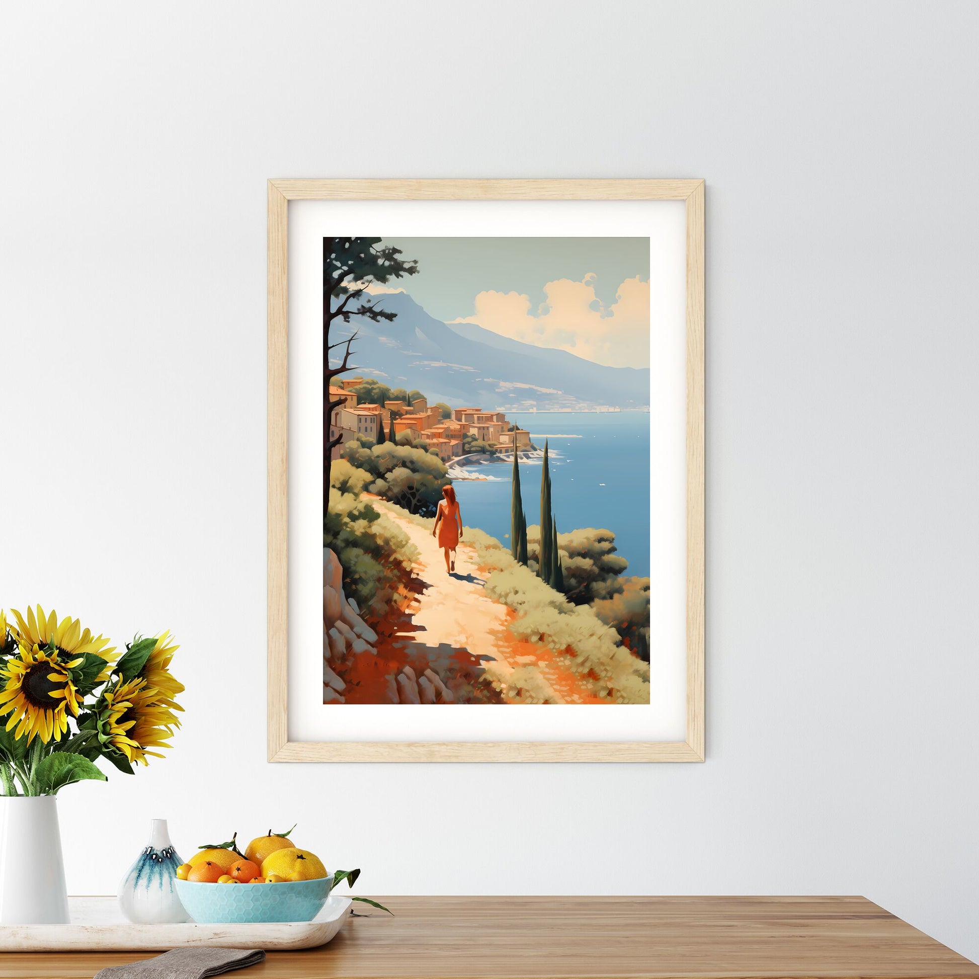 Woman Walking On A Path By A Body Of Water Art Print Default Title
