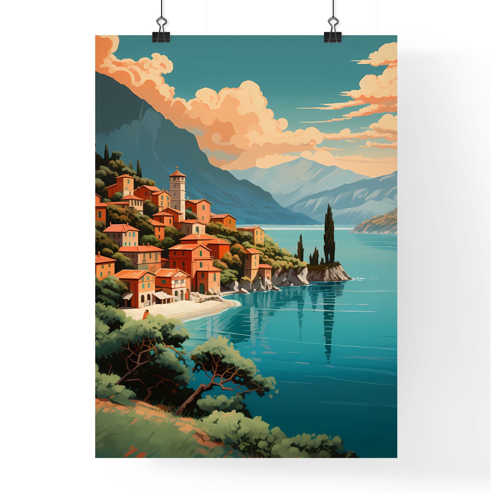 Painting Of A Town On A Hill By A Body Of Water Art Print Default Title