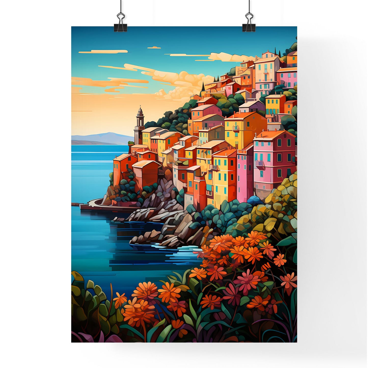 Colorful Buildings On A Hill By The Water With Cinque Terre In The Background Art Print Default Title