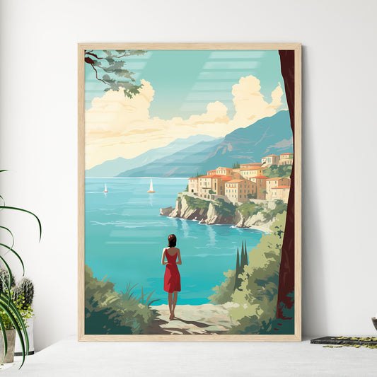 Woman Looking At A Town On A Cliff Overlooking A Body Of Water Art Print Default Title