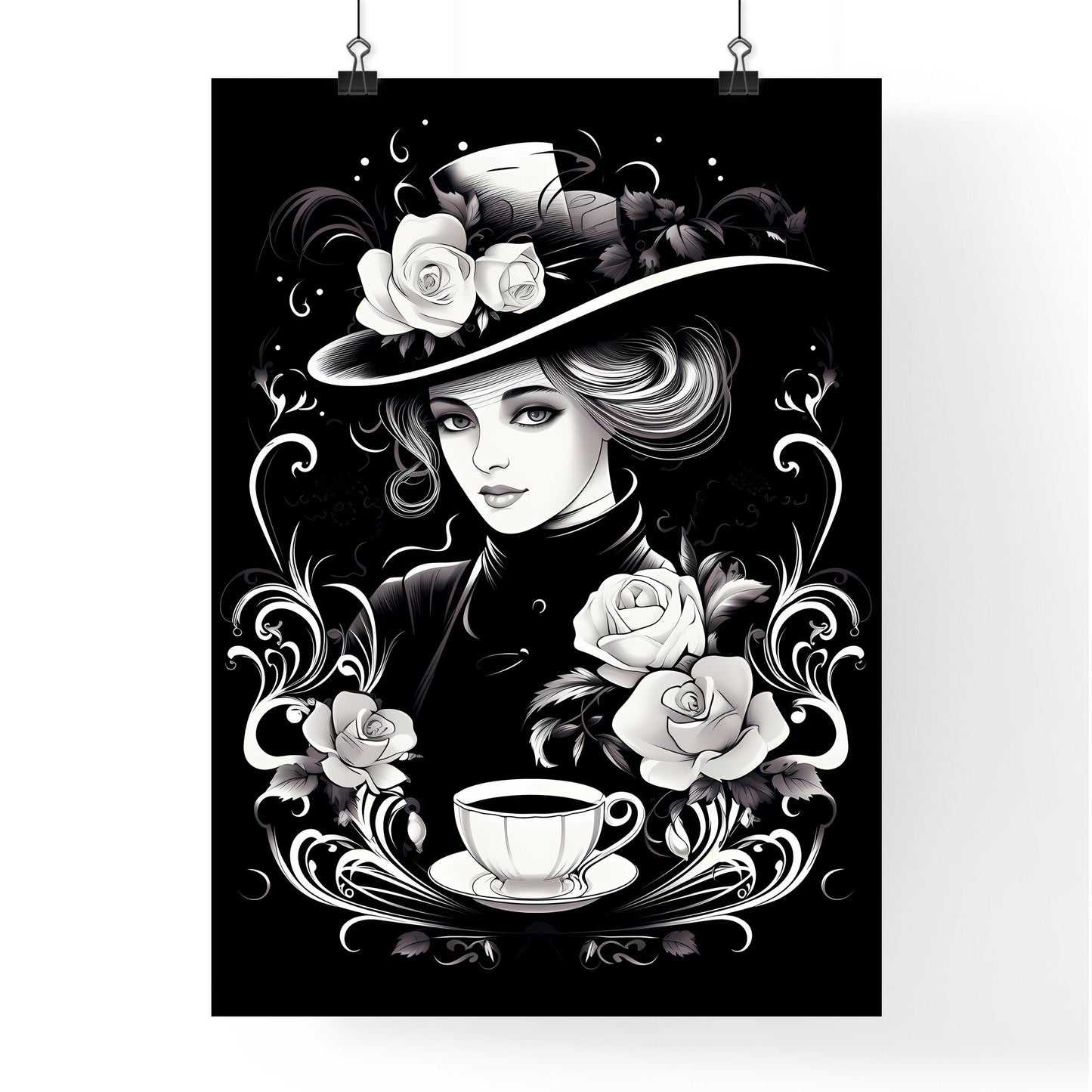 Woman In A Hat With Roses And A Cup Of Coffee Art Print Default Title