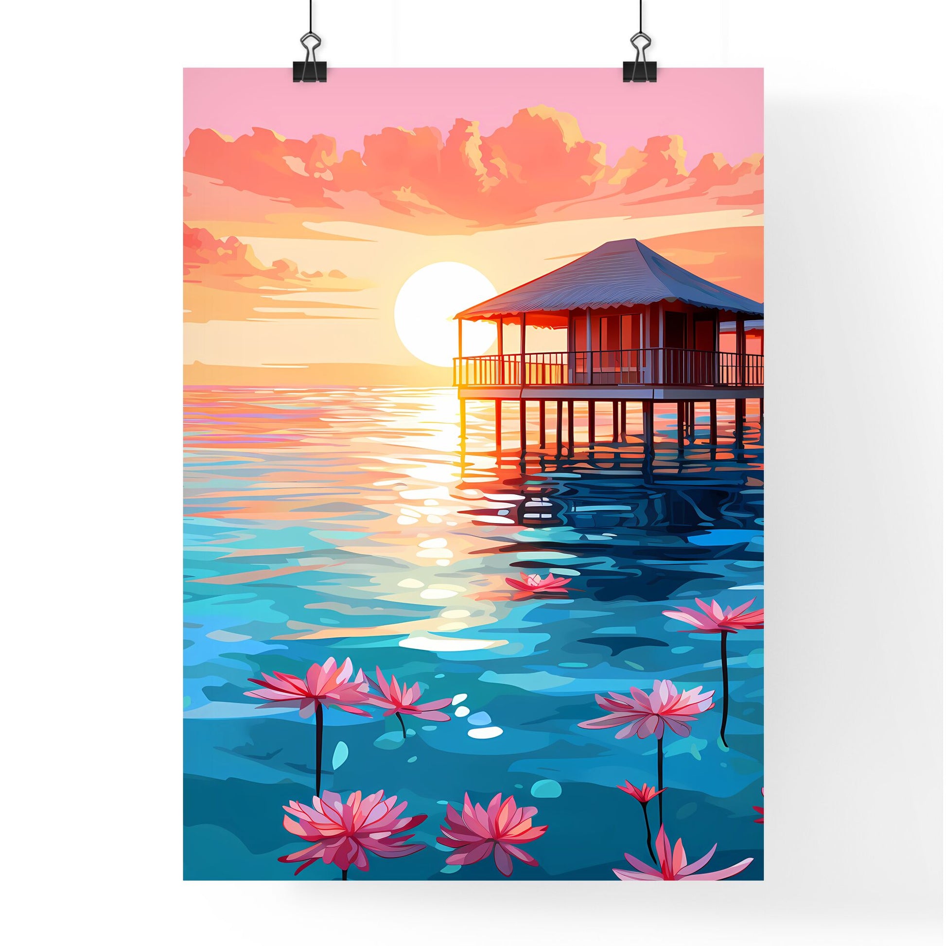 Building On Stilts In Water With Flowers Art Print Default Title