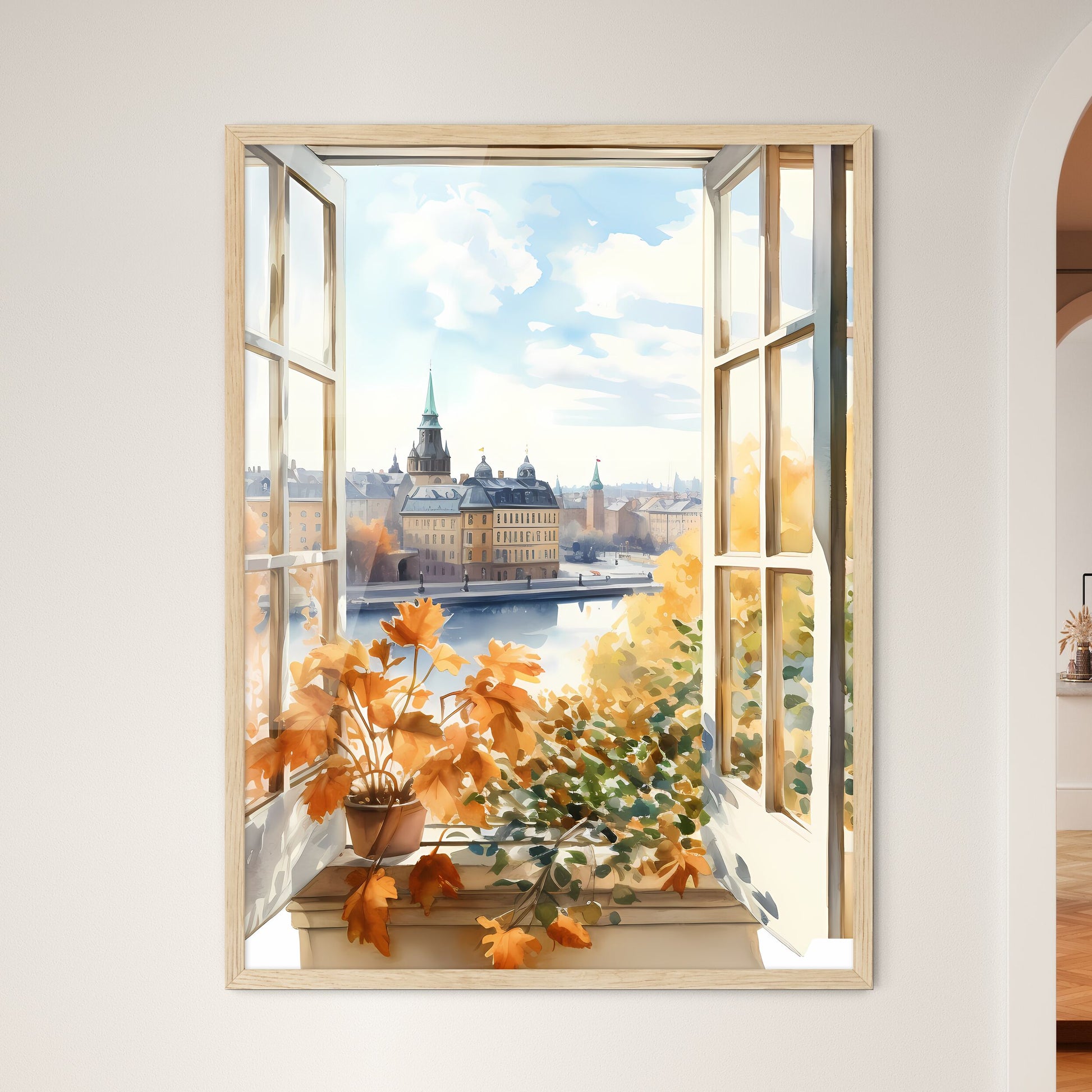 Watercolor Painting Of A Window With A View Of A City And A River Art Print Default Title