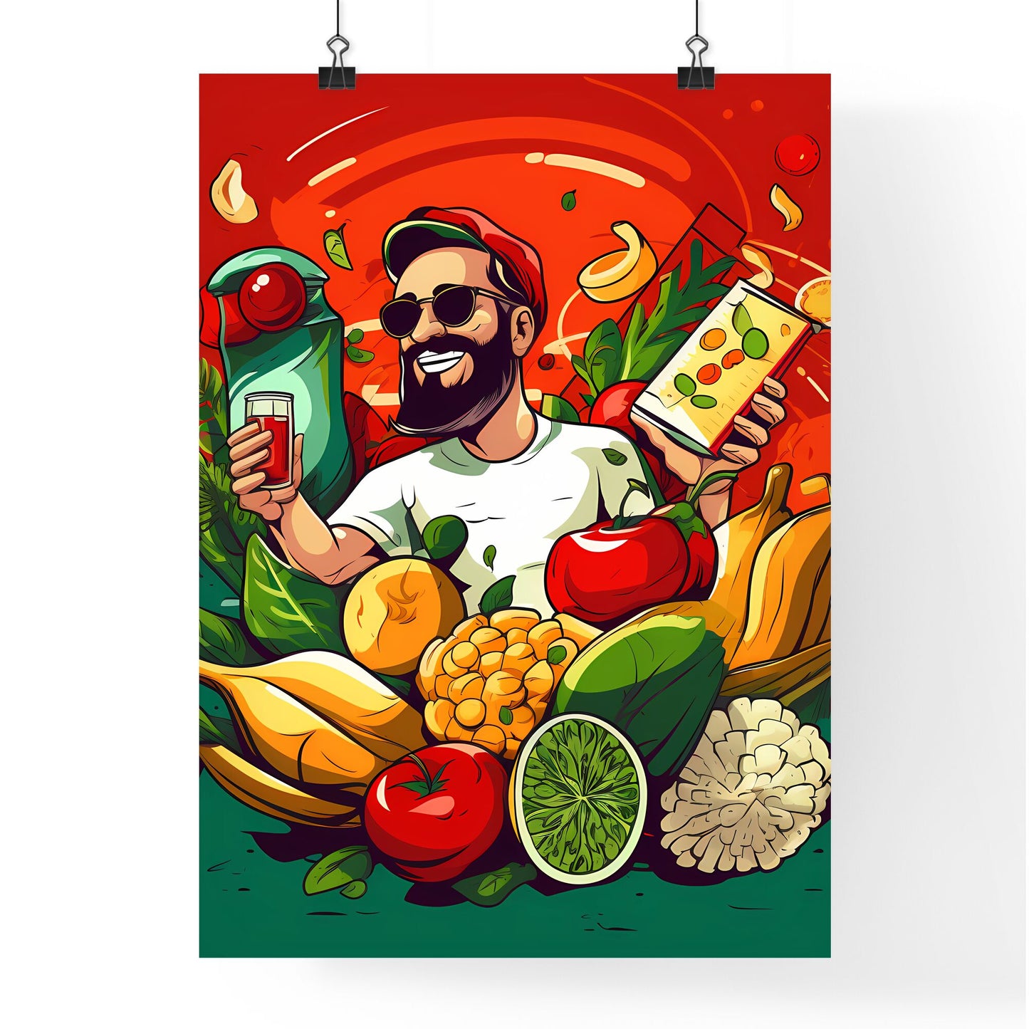 Man Holding A Juice And A Variety Of Fruits Art Print Default Title