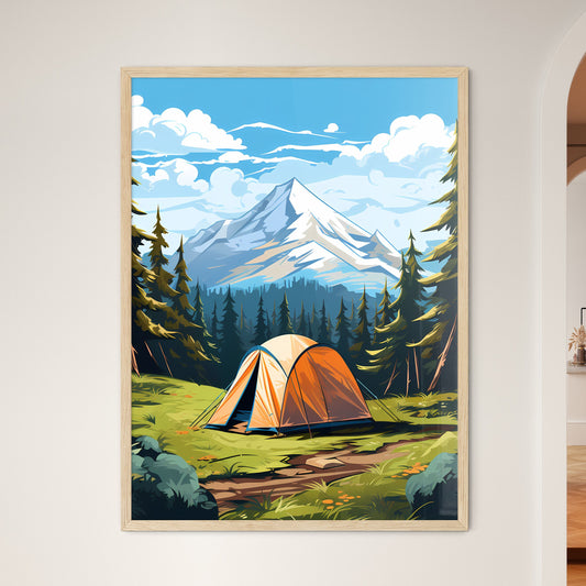 Tent In A Forest With Trees And Mountains In The Background Art Print Default Title
