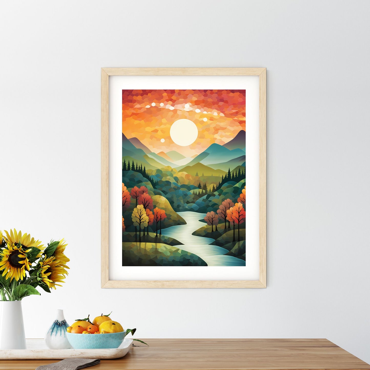 River Running Through A Valley With Trees And Mountains Art Print Default Title