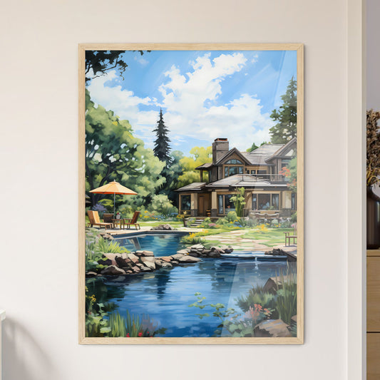 House With A Pond And A Patio Art Print Default Title