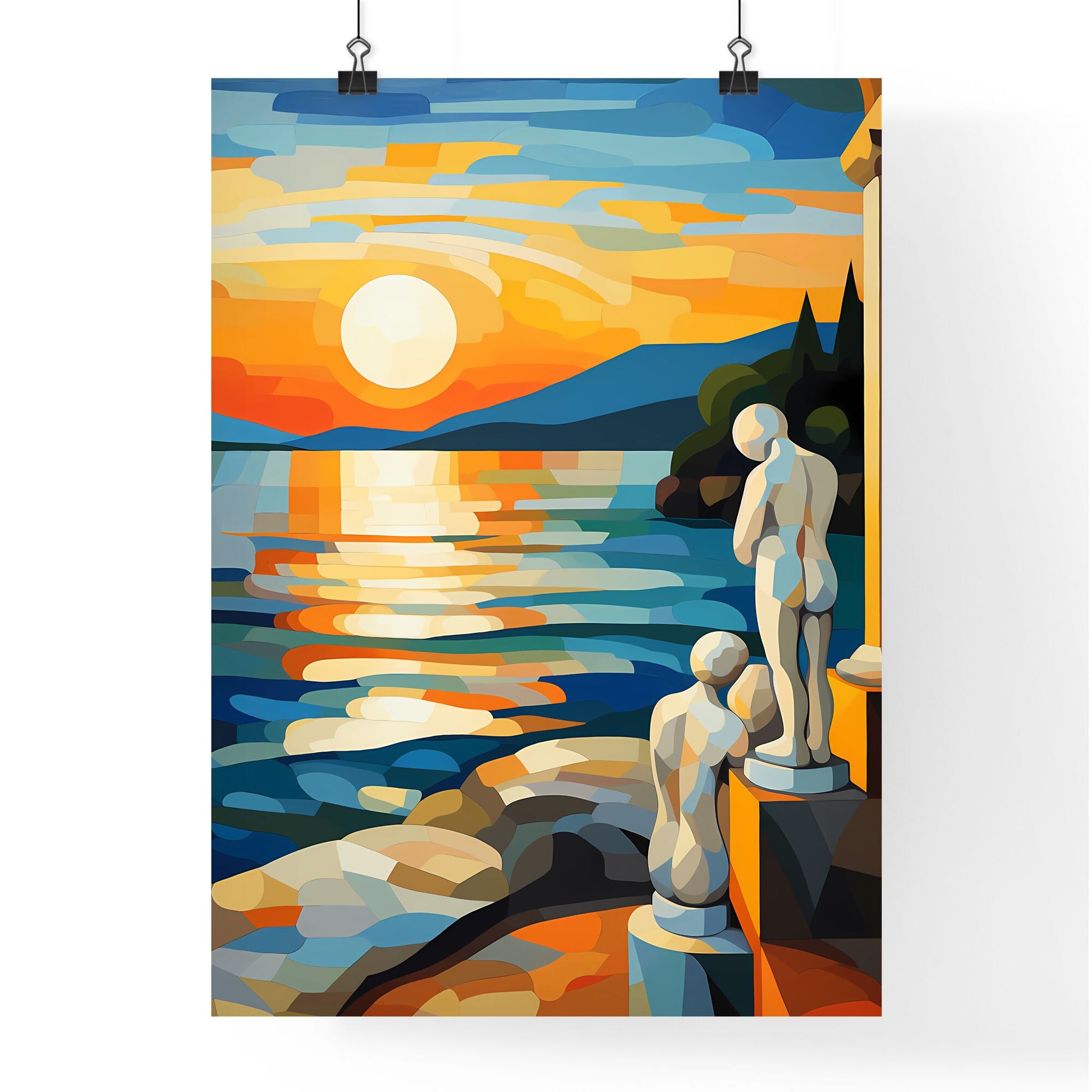 Painting Of A Couple Of Statues On A Rocky Shore Art Print Default Title