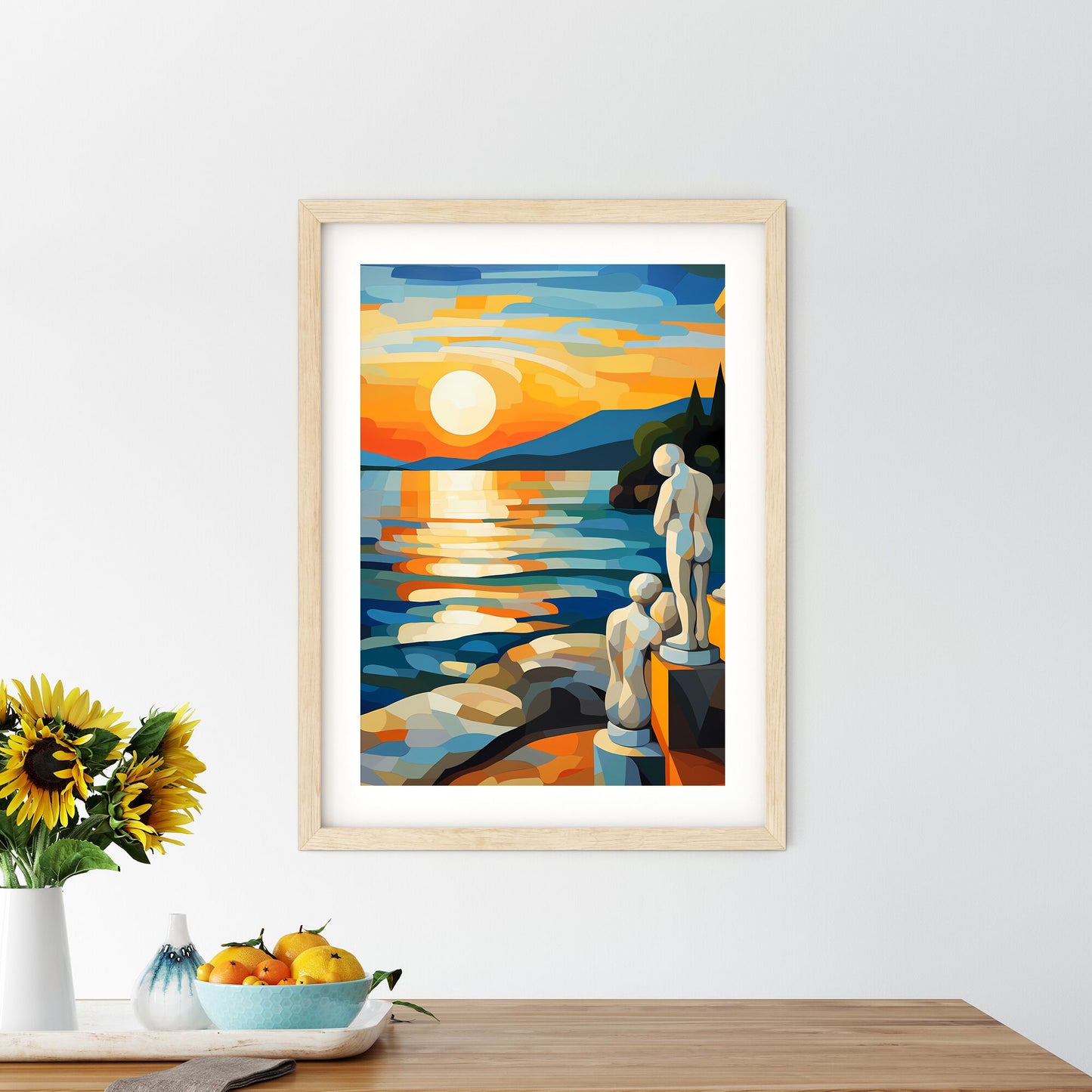 Painting Of A Couple Of Statues On A Rocky Shore Art Print Default Title