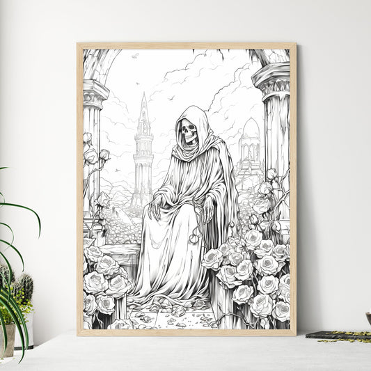Skeleton In A Robe Sitting On A Stone Ledge With Roses Art Print Default Title