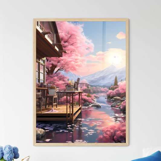 House With Pink Flowers On The Side Of The Water Art Print Default Title