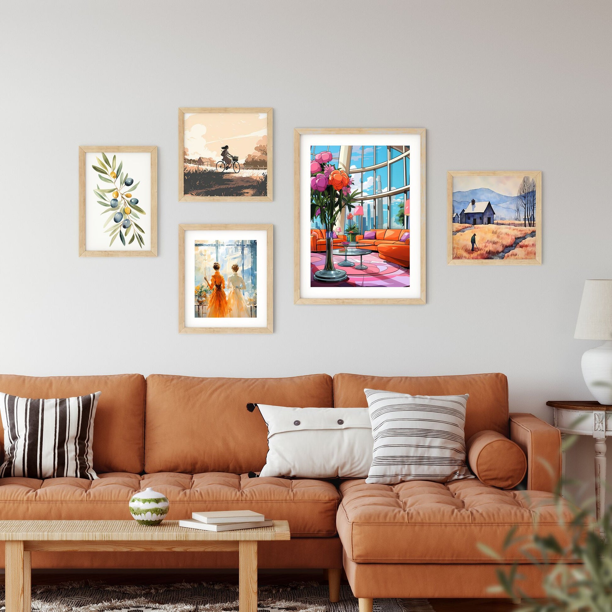 Living Room With Orange Couches And Flowers Art Print Default Title