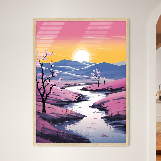 River Running Through A Valley With Pink Flowers Art Print Default Title