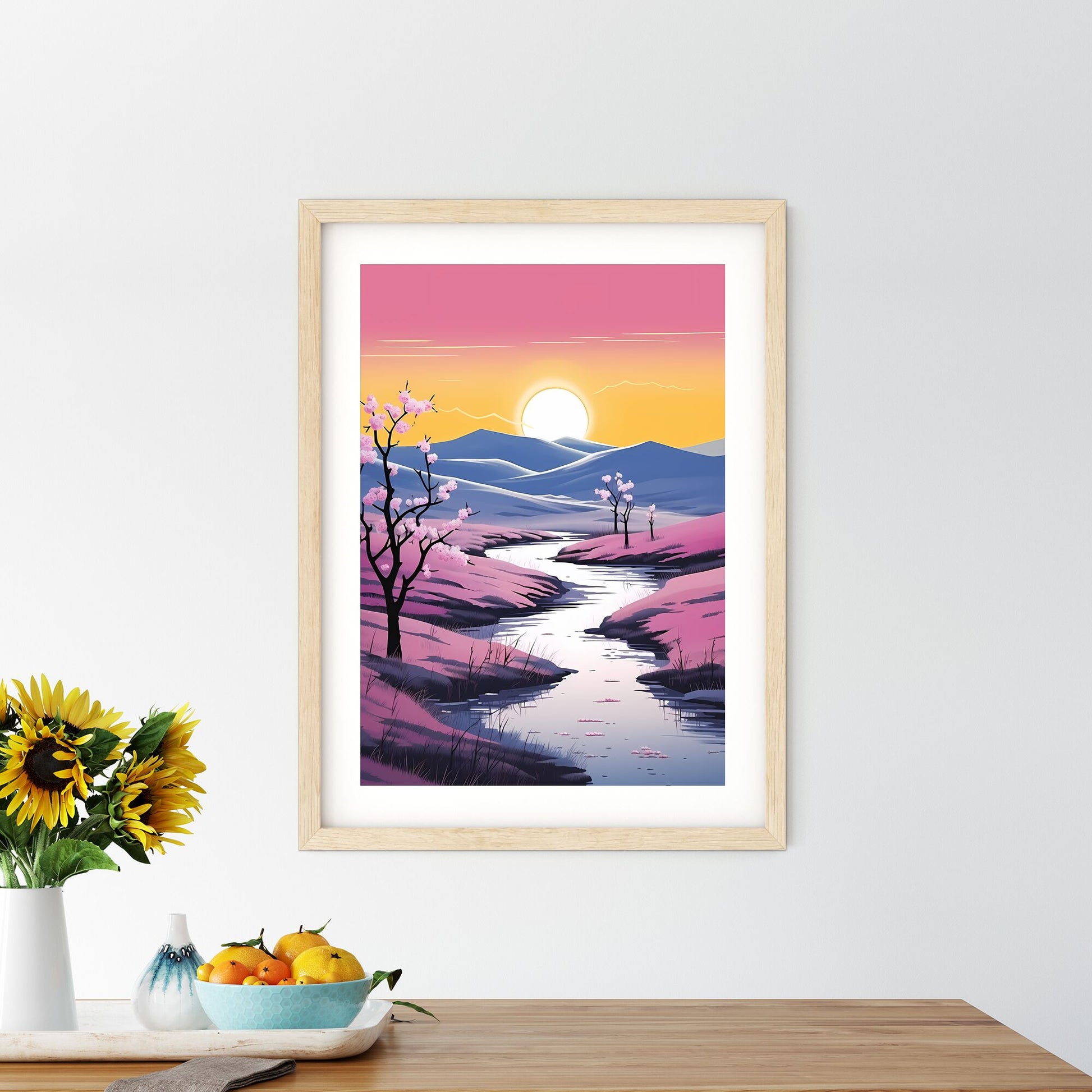 River Running Through A Valley With Pink Flowers Art Print Default Title