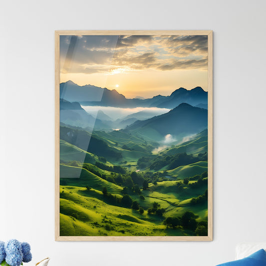 Green Hills With Trees And Mountains In The Background Art Print Default Title