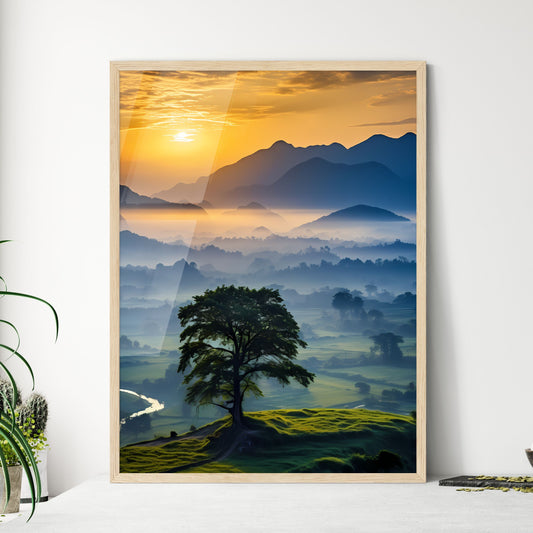 Tree On A Hill With Mountains In The Background Art Print Default Title