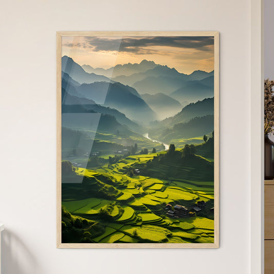 Green Valley With Mountains And A Small Village Art Print Default Title