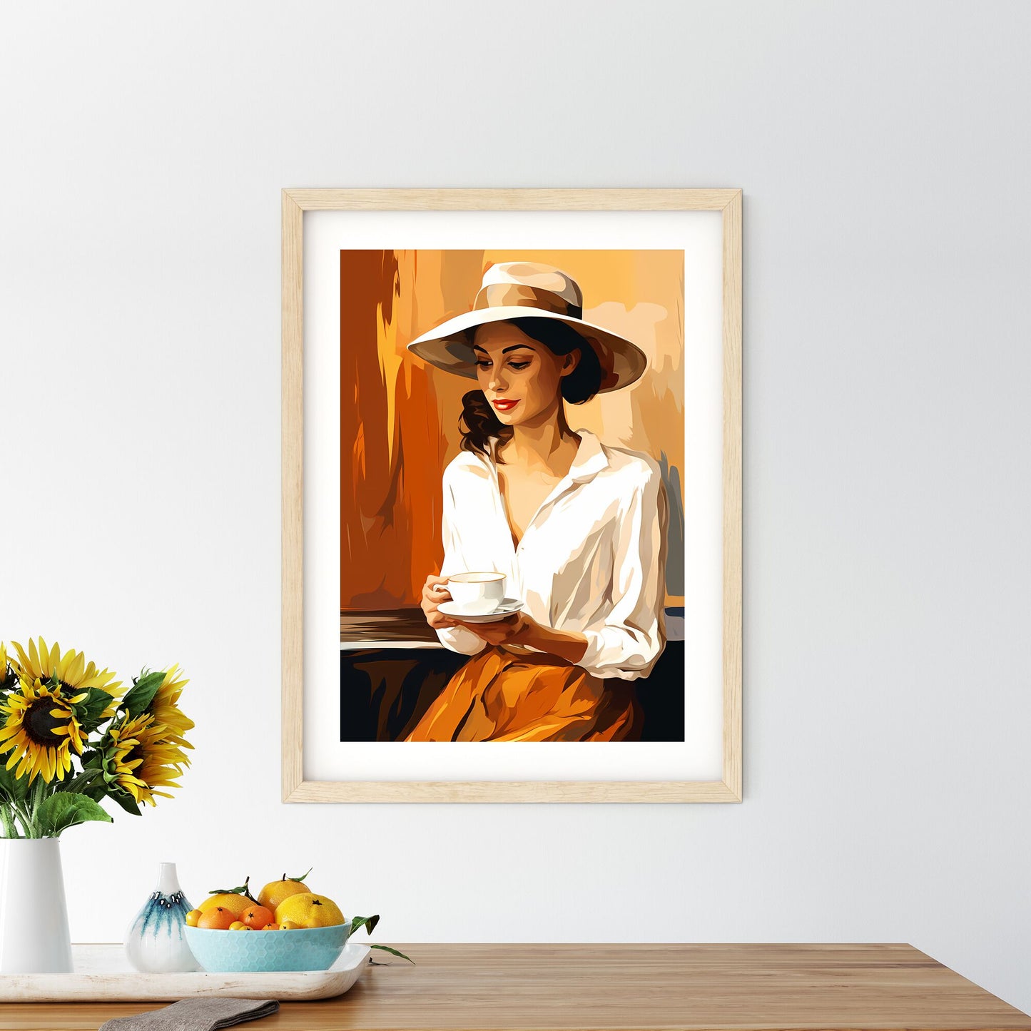 Woman In A Hat Holding A Cup Art Print Default Title