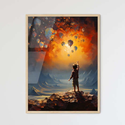 A Child Standing On A Mountain With Balloons In The Sky Art Print Default Title