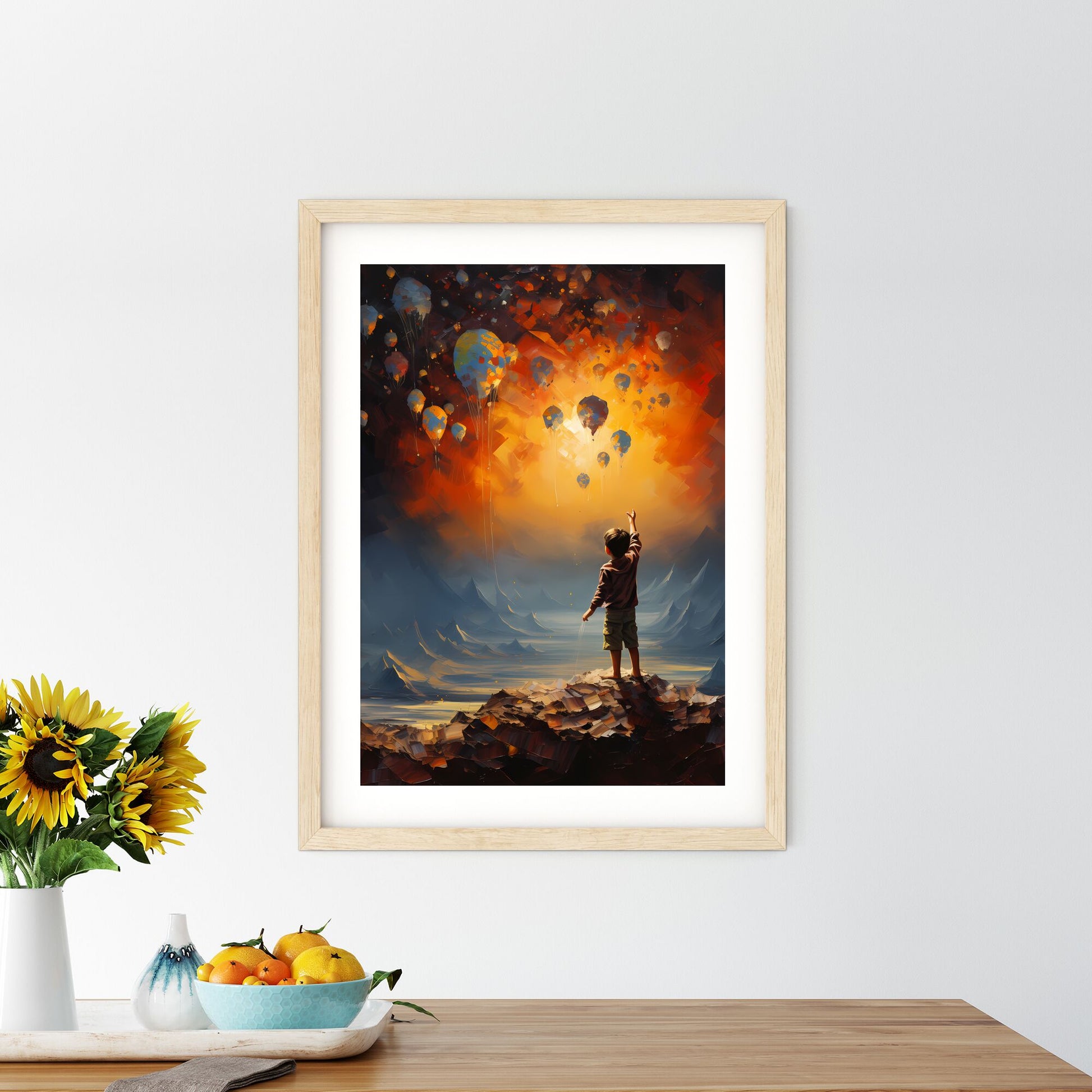 A Child Standing On A Mountain With Balloons In The Sky Art Print Default Title
