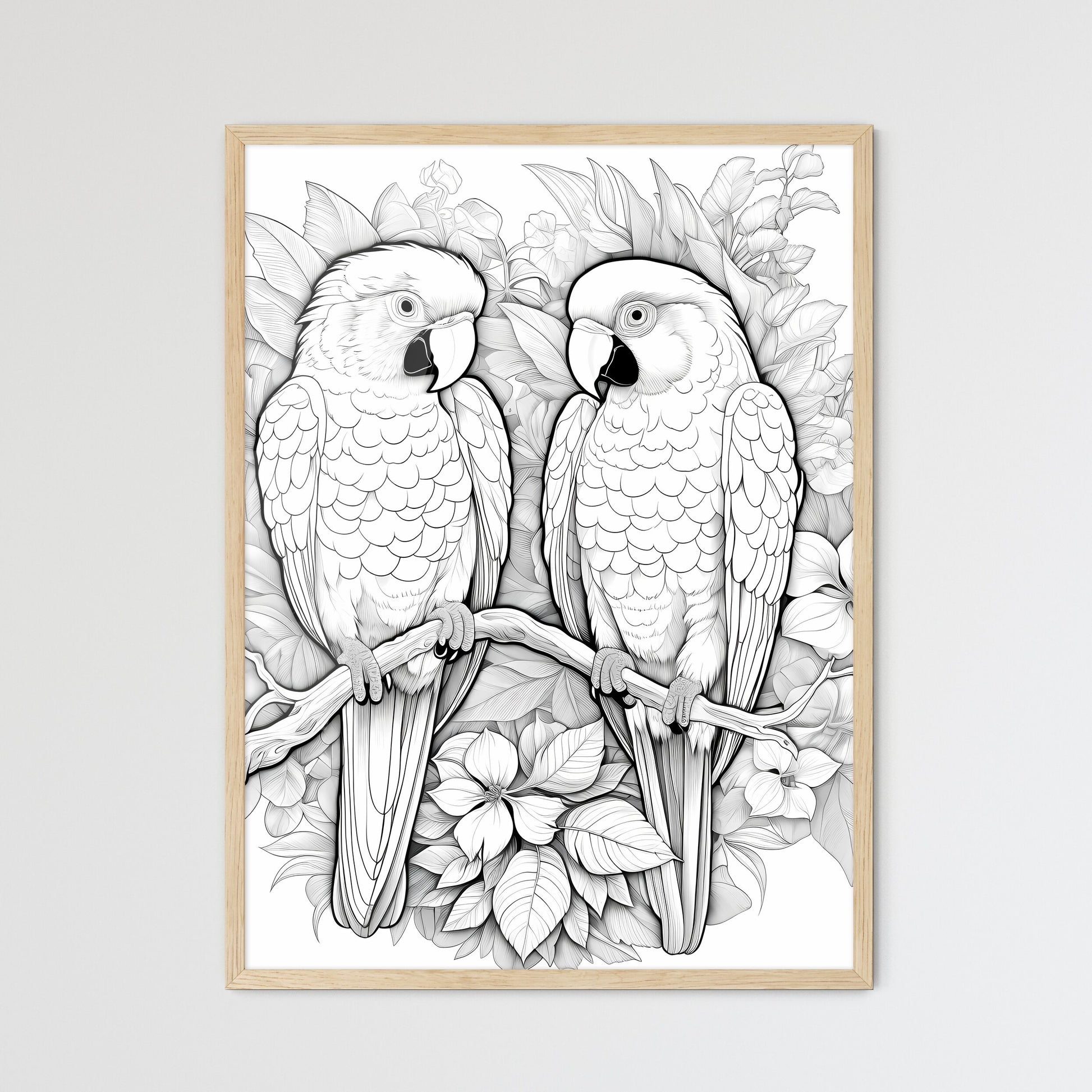 A Black And White Drawing Of Two Parrots On A Branch Art Print Default Title