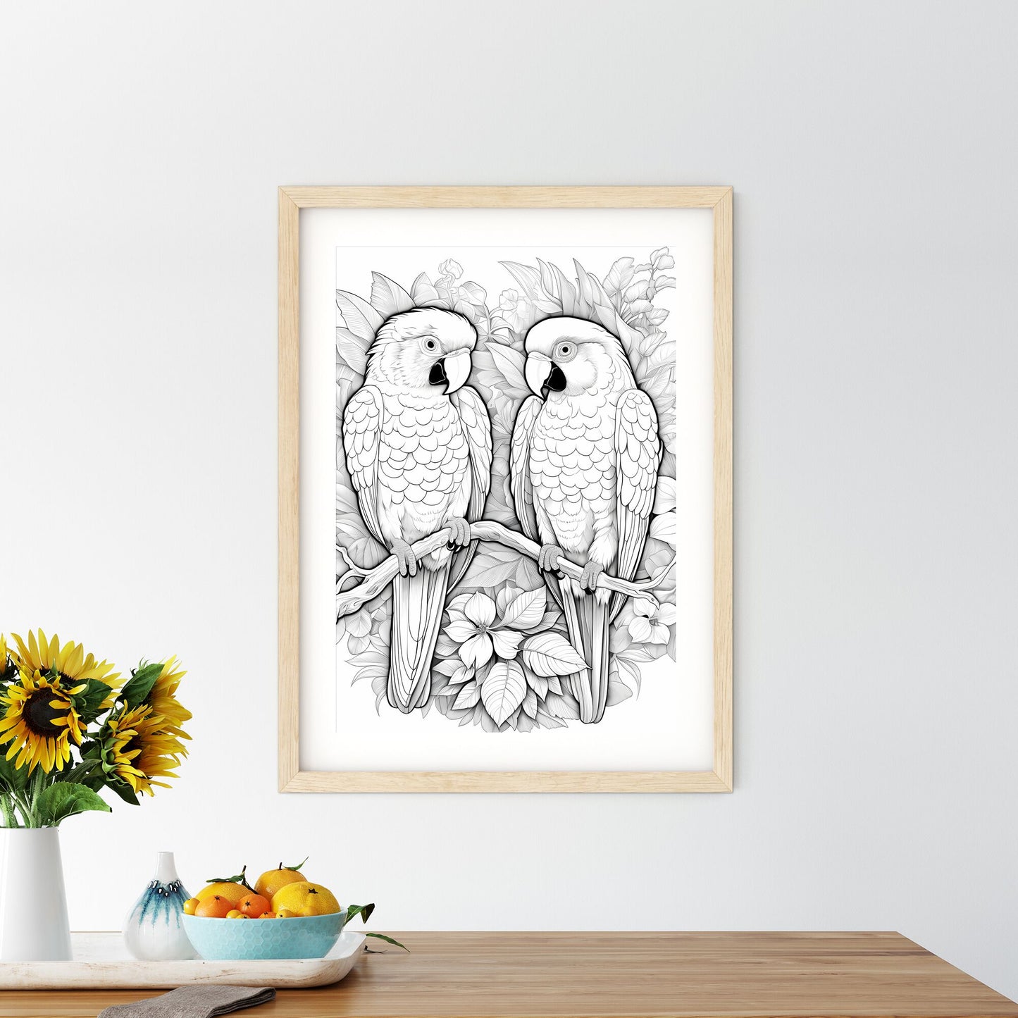 A Black And White Drawing Of Two Parrots On A Branch Art Print Default Title