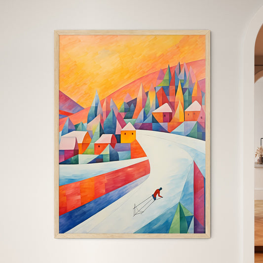 A Painting Of A Man Skiing Down A Road In A Colorful Landscape Art Print Default Title
