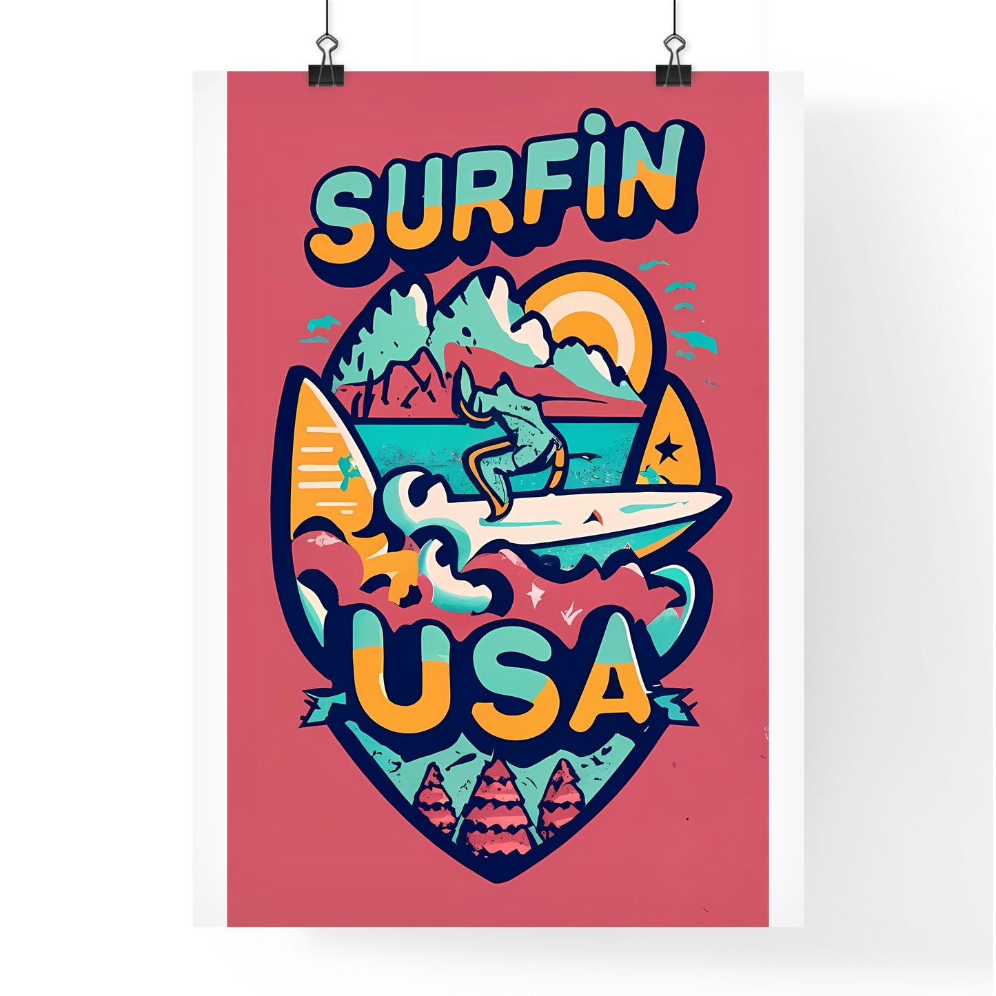 Surfin Usa - A Colorful Logo With A Man On A Surfboard Art Print Default Title