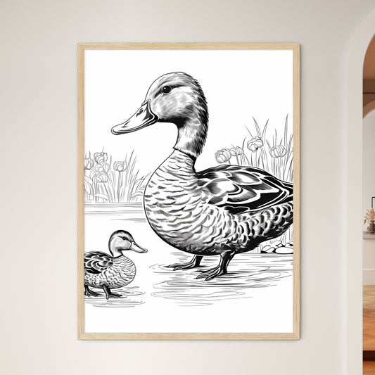Black And White Drawing Of A Duck And A Duckling Art Print Default Title