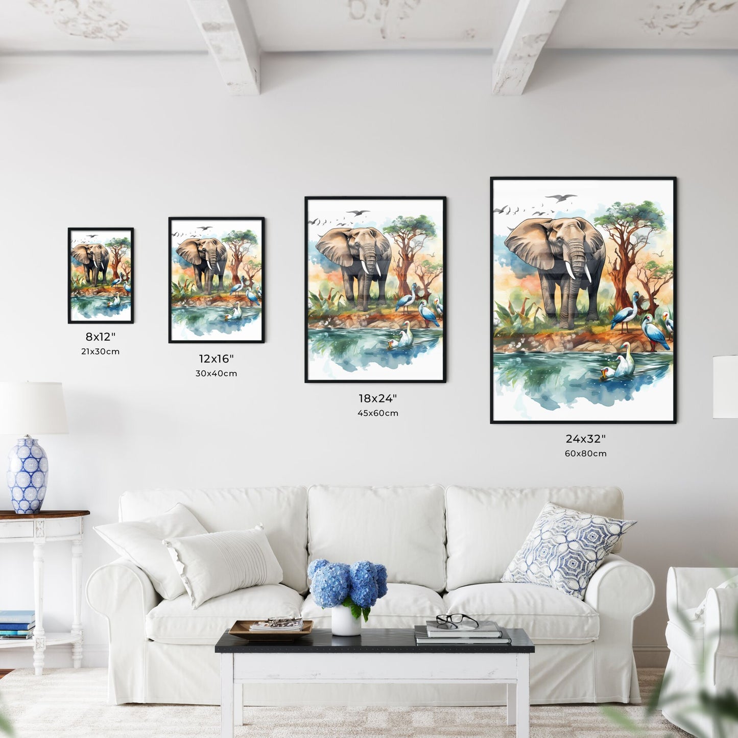 An Elephant And Birds In Water Art Print Default Title