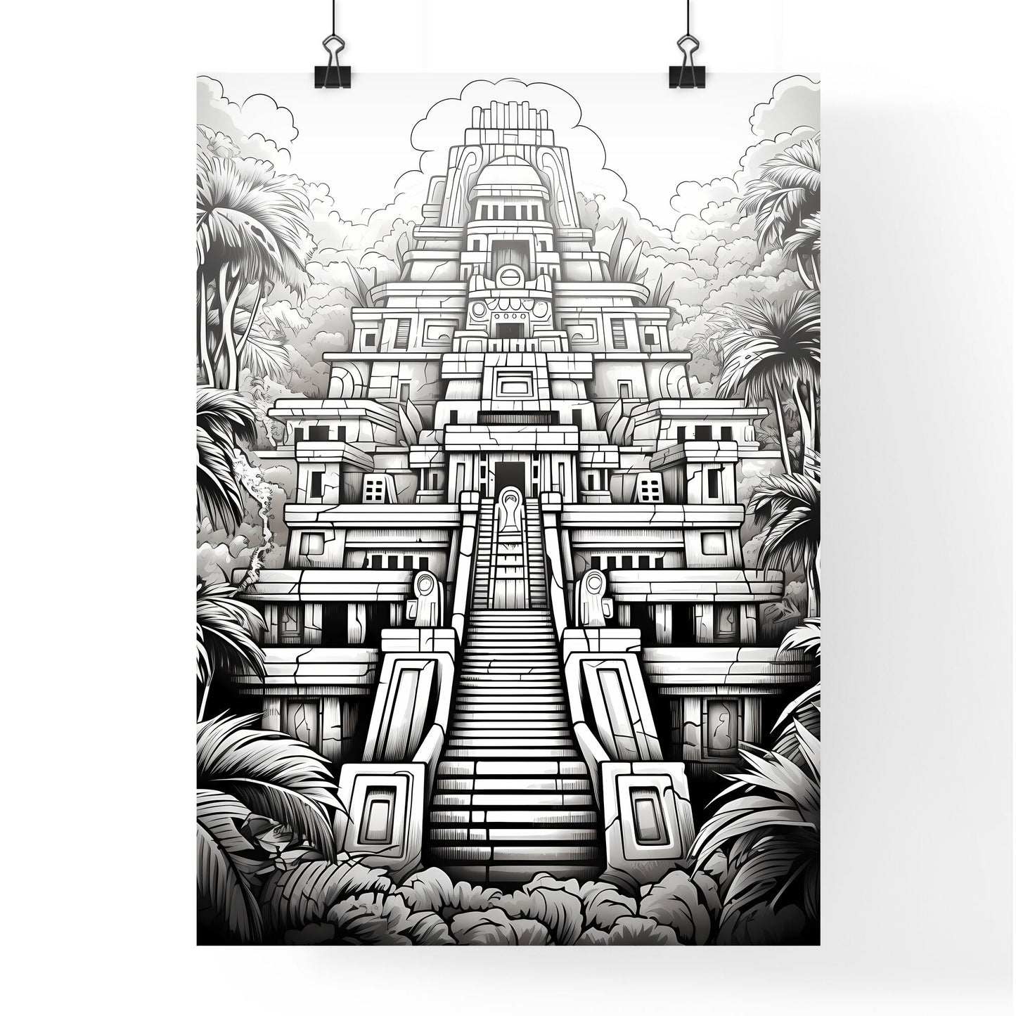 Black And White Drawing Of A Pyramid With Stairs Leading To A Building Art Print Default Title