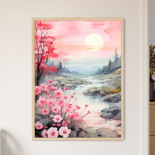 Watercolor Painting Of A River With Pink Flowers And Trees Art Print Default Title