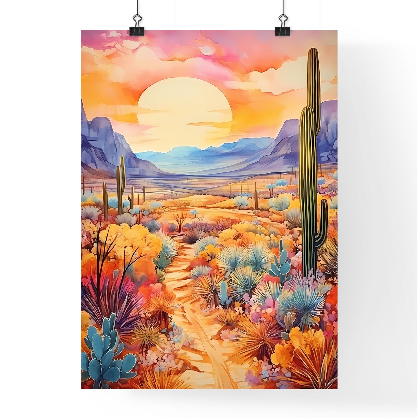 Painting Of A Desert Landscape With Cactus And Mountains Art Print Default Title