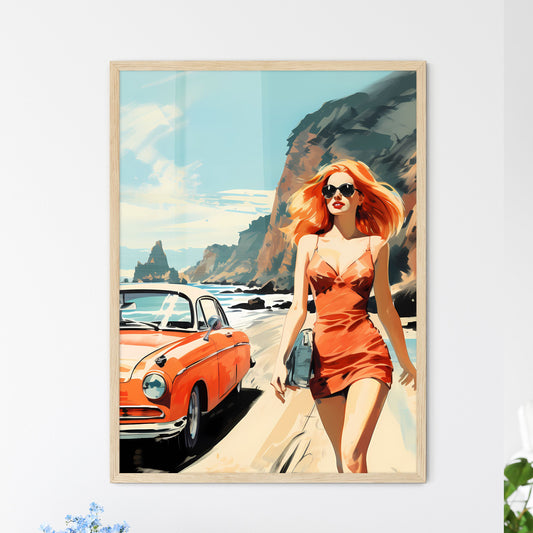 Woman Walking On A Beach With A Car Art Print Default Title