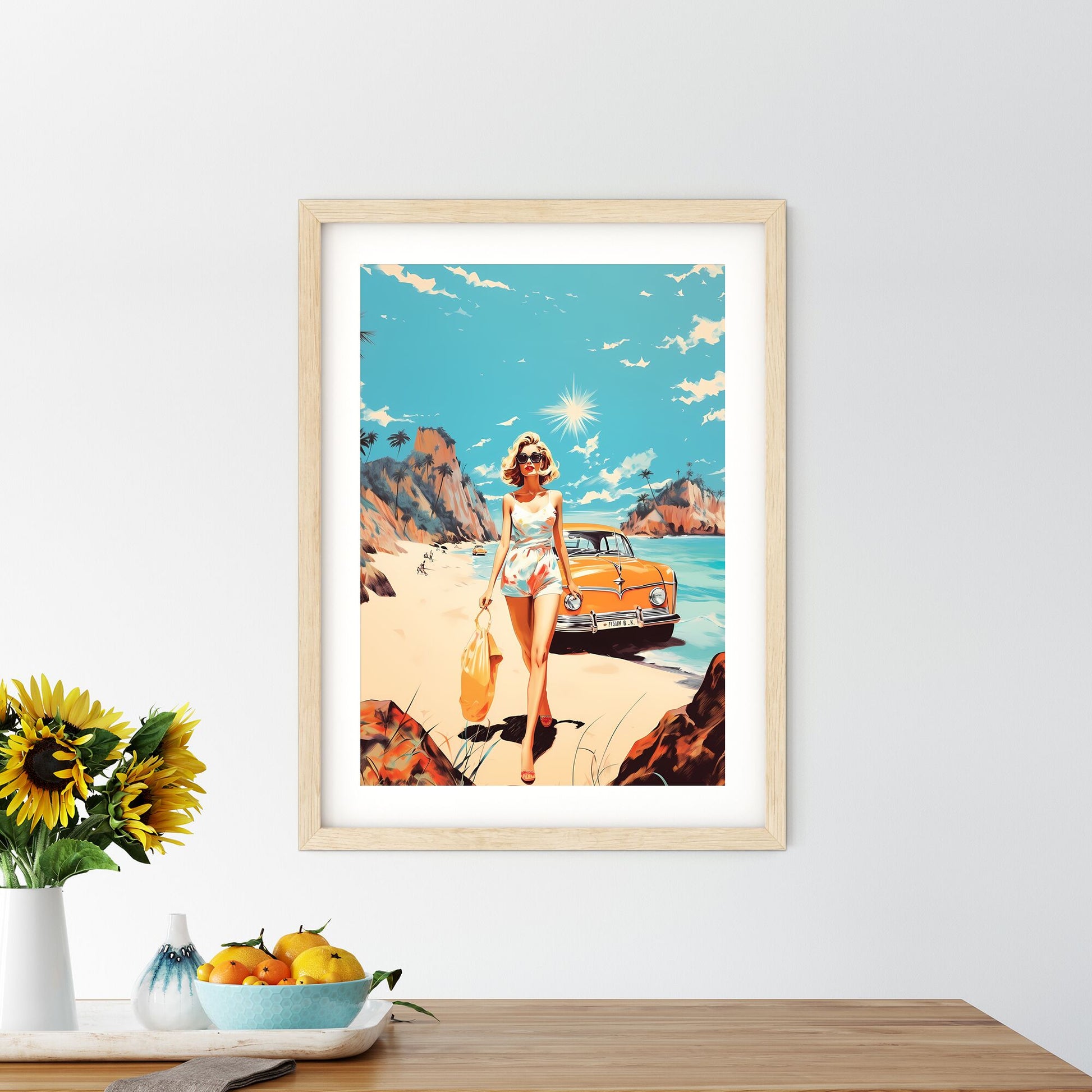 Woman In A White Dress On A Beach With A Car Art Print Default Title
