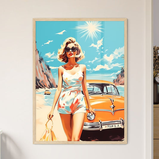 Woman In A White Dress And Sunglasses Standing Next To A Car Art Print Default Title