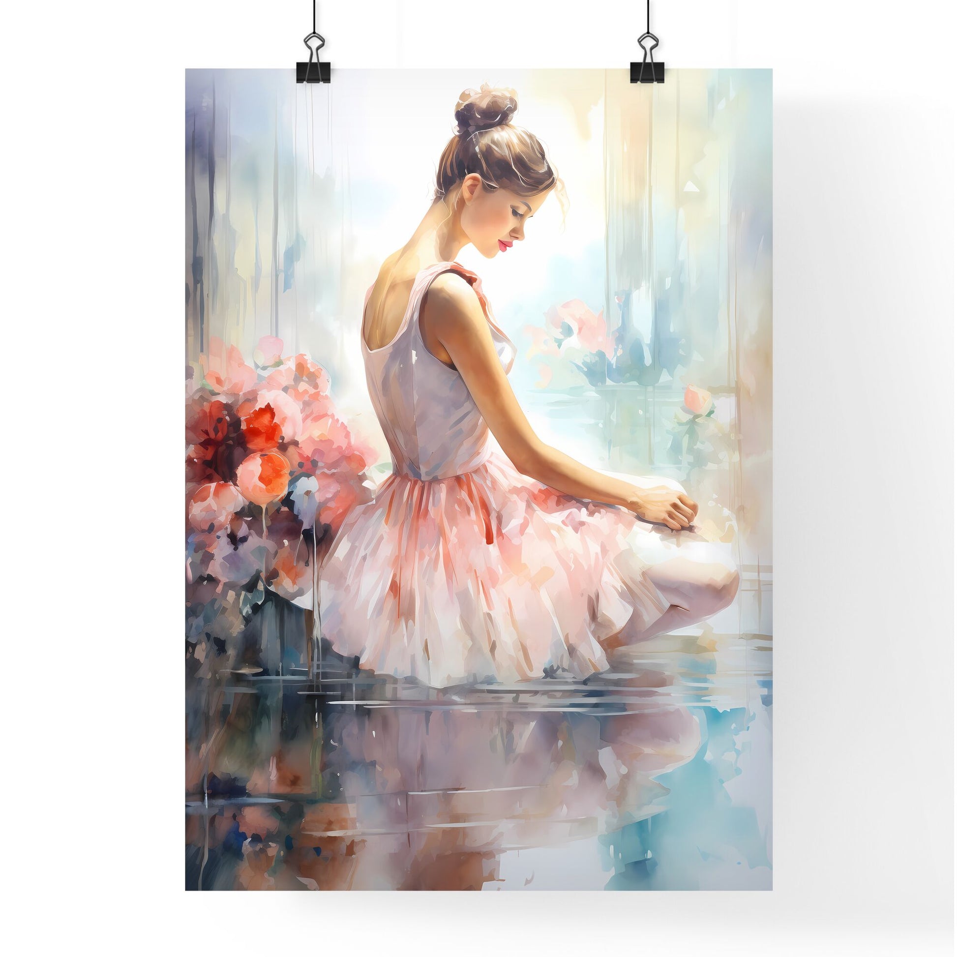 Watercolor Of A Woman In A Pink Dress Sitting On A Floor Art Print Default Title